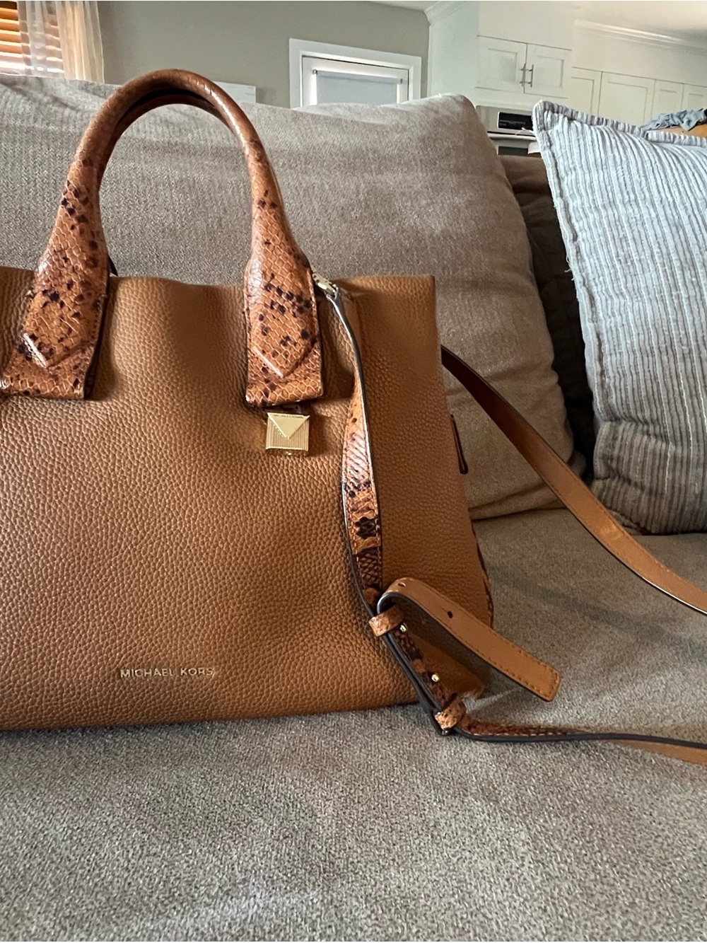 Michael Kors Brown Leather Tote with Snake-Print Handles